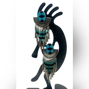 Quoc QT Southwestern Sterling Silver Faux Turquoise Onyx Inlay Dangle Earrings